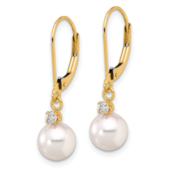 14K 7-8mm Round White Akoya Pearl .10ct Dia Dangle Leverback Earrings-XF836E