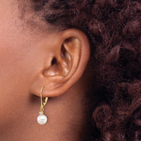14K 7-8mm Round White Akoya Pearl .10ct Dia Dangle Leverback Earrings-XF836E