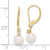 14K 7-8mm Round White Akoya Pearl .10ct Dia Dangle Leverback Earrings-XF836E