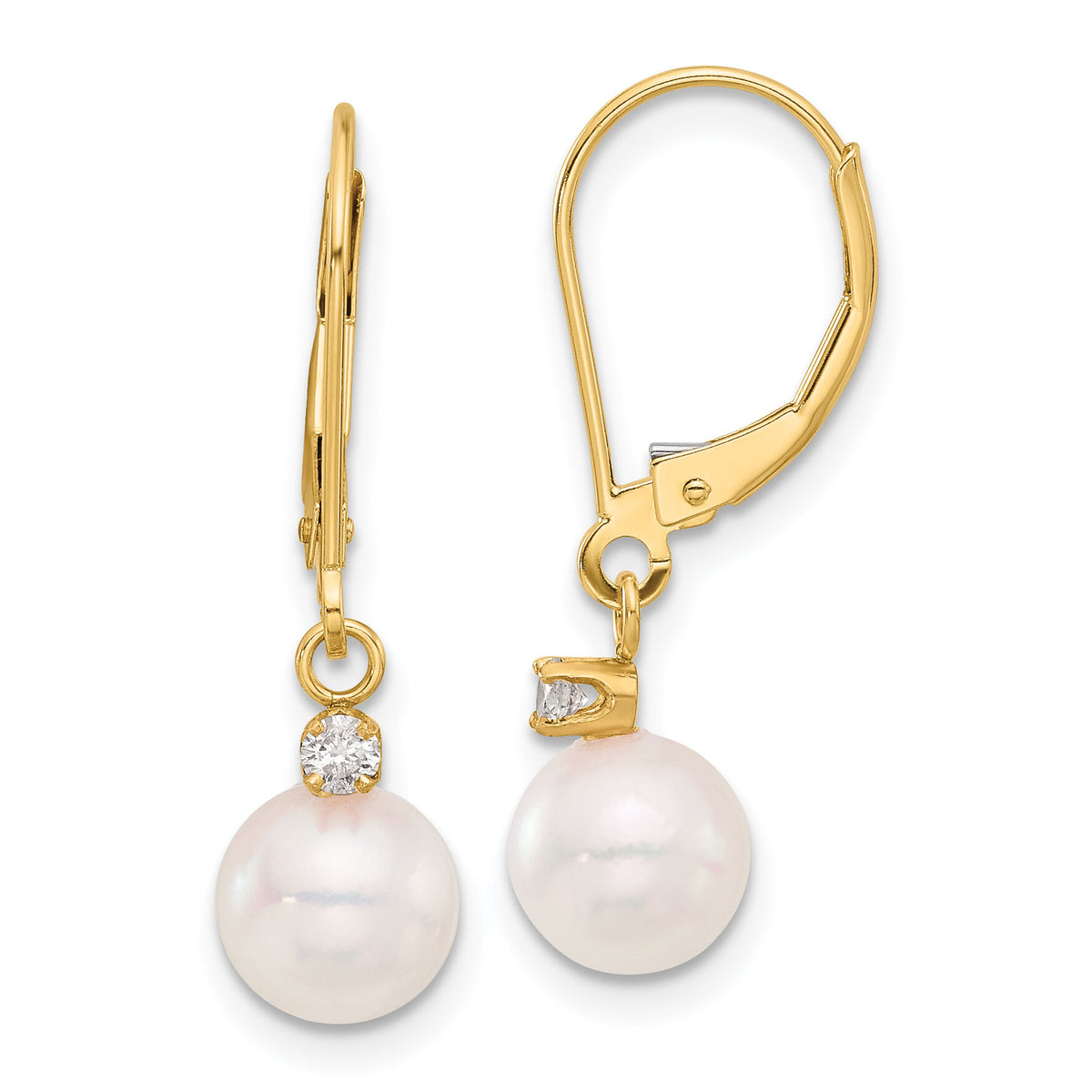 14K 7-8mm Round White Akoya Pearl .10ct Dia Dangle Leverback Earrings-XF836E