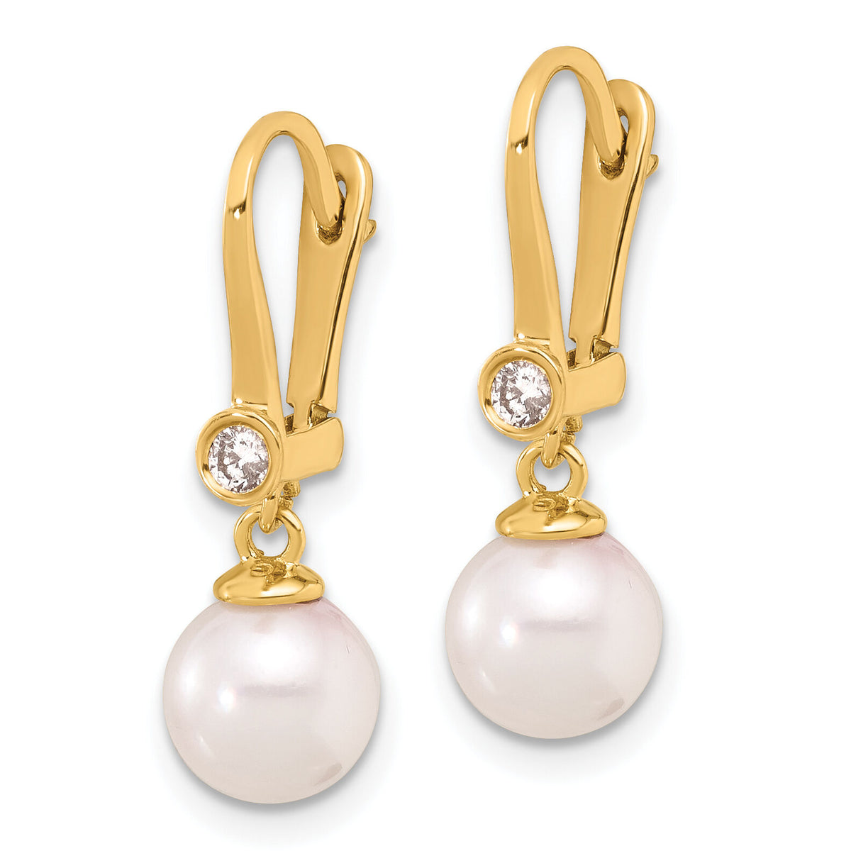 14K 7-8mm Round White Akoya Pearl and .10ct Diamond Dangle Earrings-XF837E