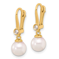 14K 7-8mm Round White Akoya Pearl and .10ct Diamond Dangle Earrings-XF837E