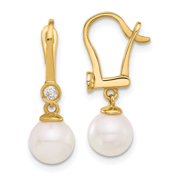 14K 7-8mm Round White Akoya Pearl and .10ct Diamond Dangle Earrings-XF837E