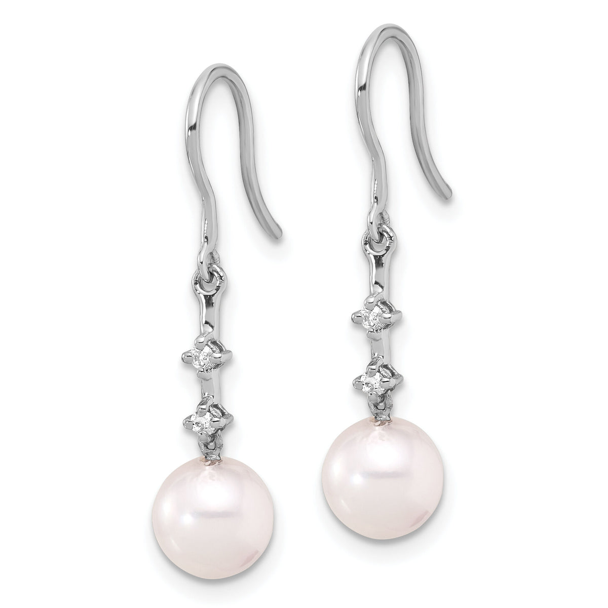 14K White Gold 7-8mm Wht Akoya Pearl .04ct Dia Shepherd Hook Earrings-XF839E