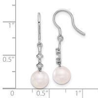 14K White Gold 7-8mm Wht Akoya Pearl .04ct Dia Shepherd Hook Earrings-XF839E