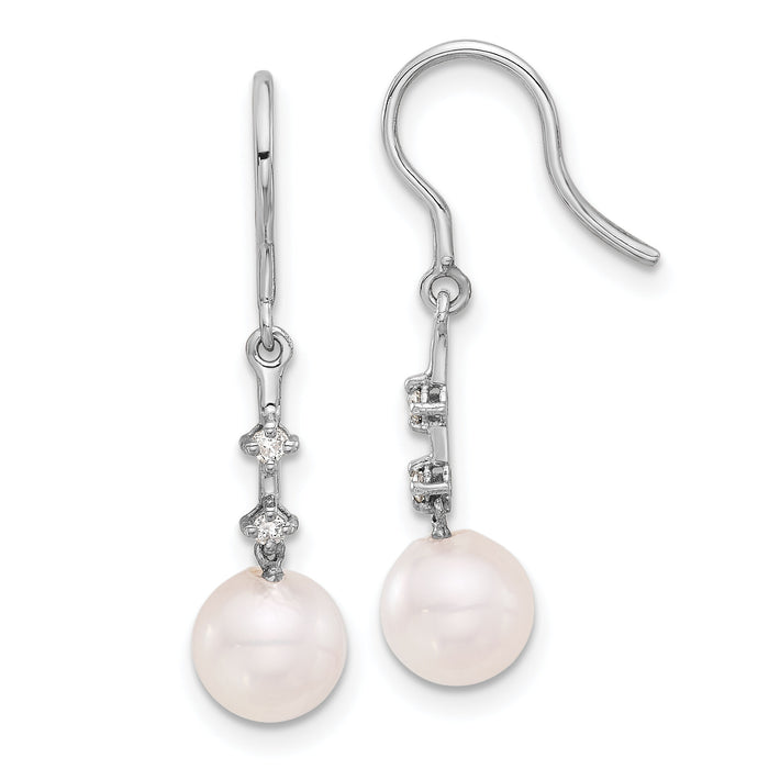 14K White Gold 7-8mm Wht Akoya Pearl .04ct Dia Shepherd Hook Earrings-XF839E
