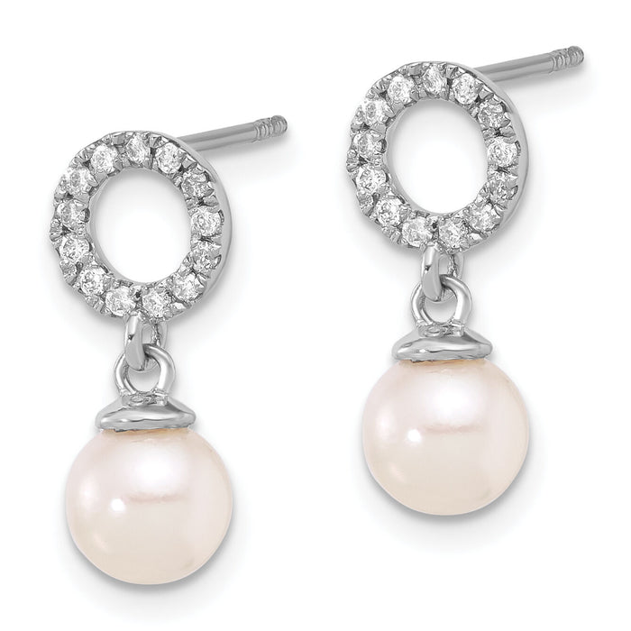 14K White Gold 6-7mm Rnd White Akoya Pearl and .20ct Dia Dangle Earrings-XF841E
