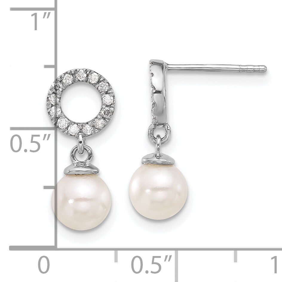 14K White Gold 6-7mm Rnd White Akoya Pearl and .20ct Dia Dangle Earrings-XF841E