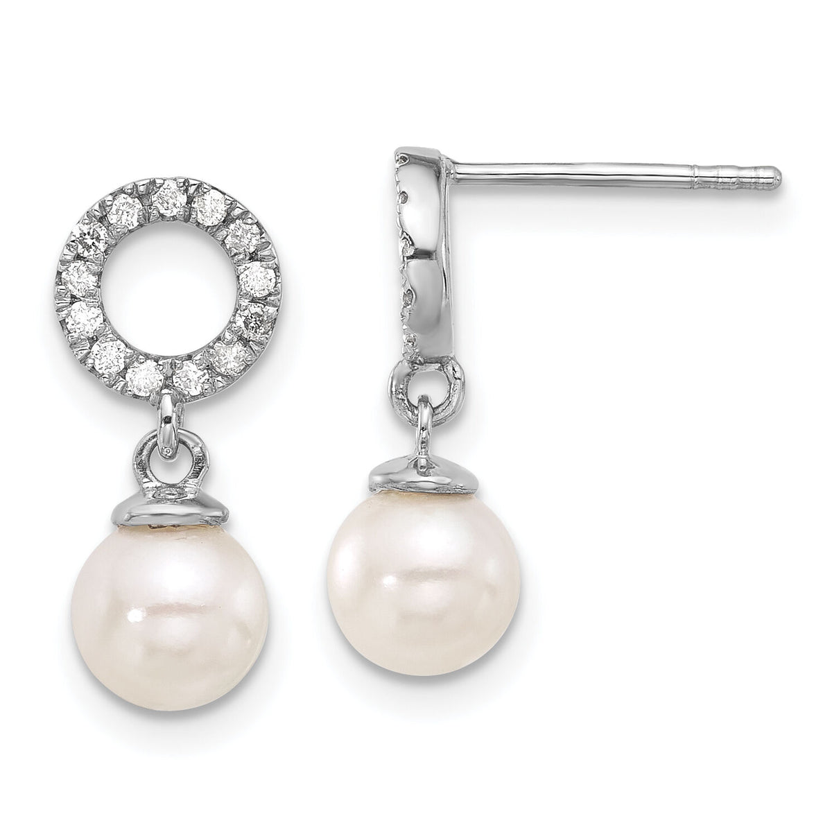 14K White Gold 6-7mm Rnd White Akoya Pearl and .20ct Dia Dangle Earrings-XF841E