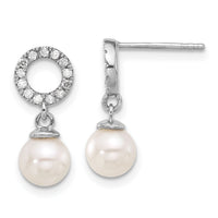 14K White Gold 6-7mm Rnd White Akoya Pearl and .20ct Dia Dangle Earrings-XF841E