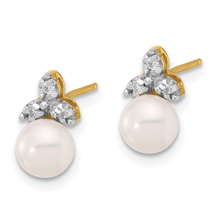 14K 5-6mm Round White FWC Pearl and .06ct Diamond Post Earrings-XF846E
