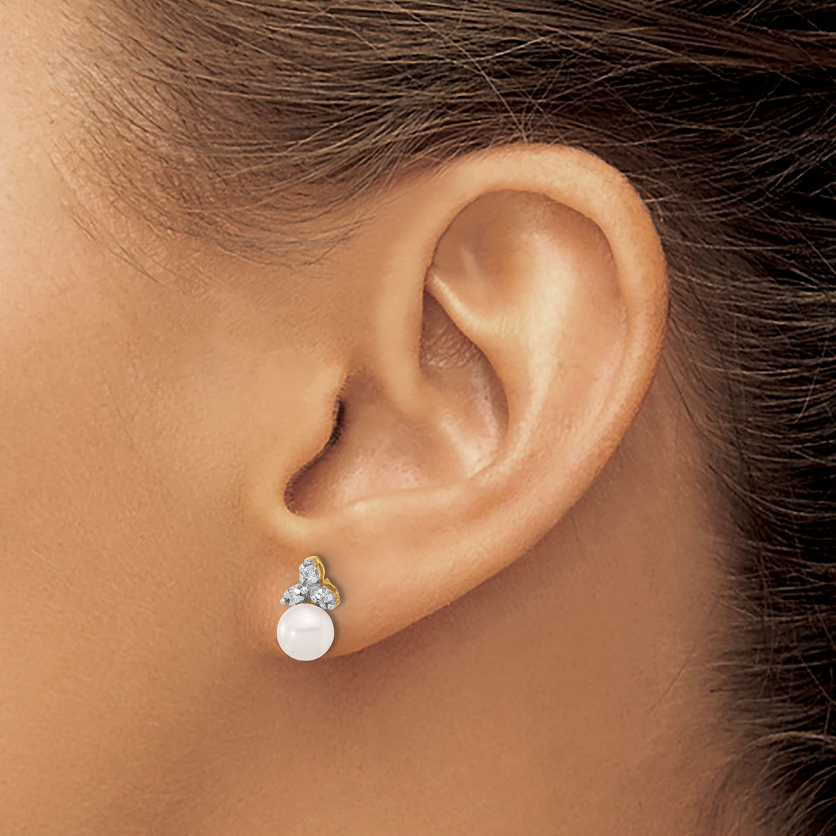 14K 5-6mm Round White FWC Pearl and .06ct Diamond Post Earrings-XF846E