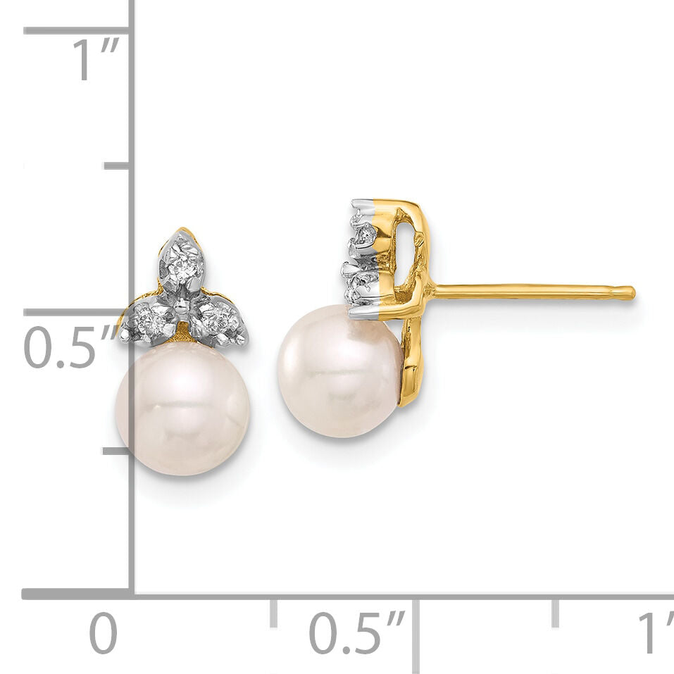 14K 5-6mm Round White FWC Pearl and .06ct Diamond Post Earrings-XF846E
