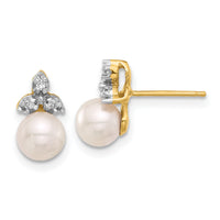 14K 5-6mm Round White FWC Pearl and .06ct Diamond Post Earrings-XF846E