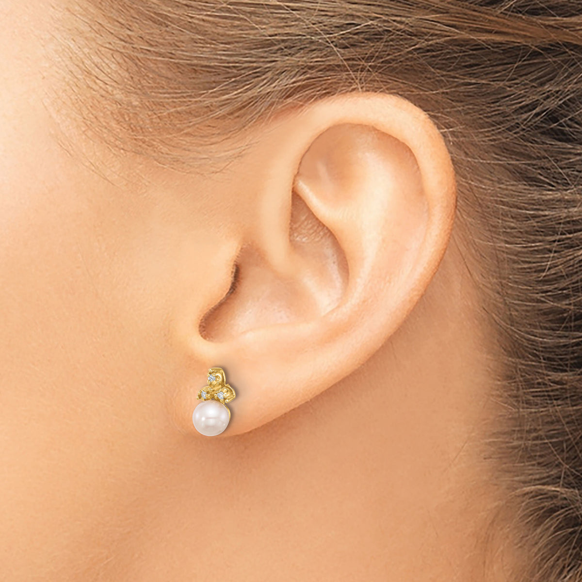 14K 5-6mm Button Freshwater Cultured Pearl .06ct Dia Post Earrings-XF847E