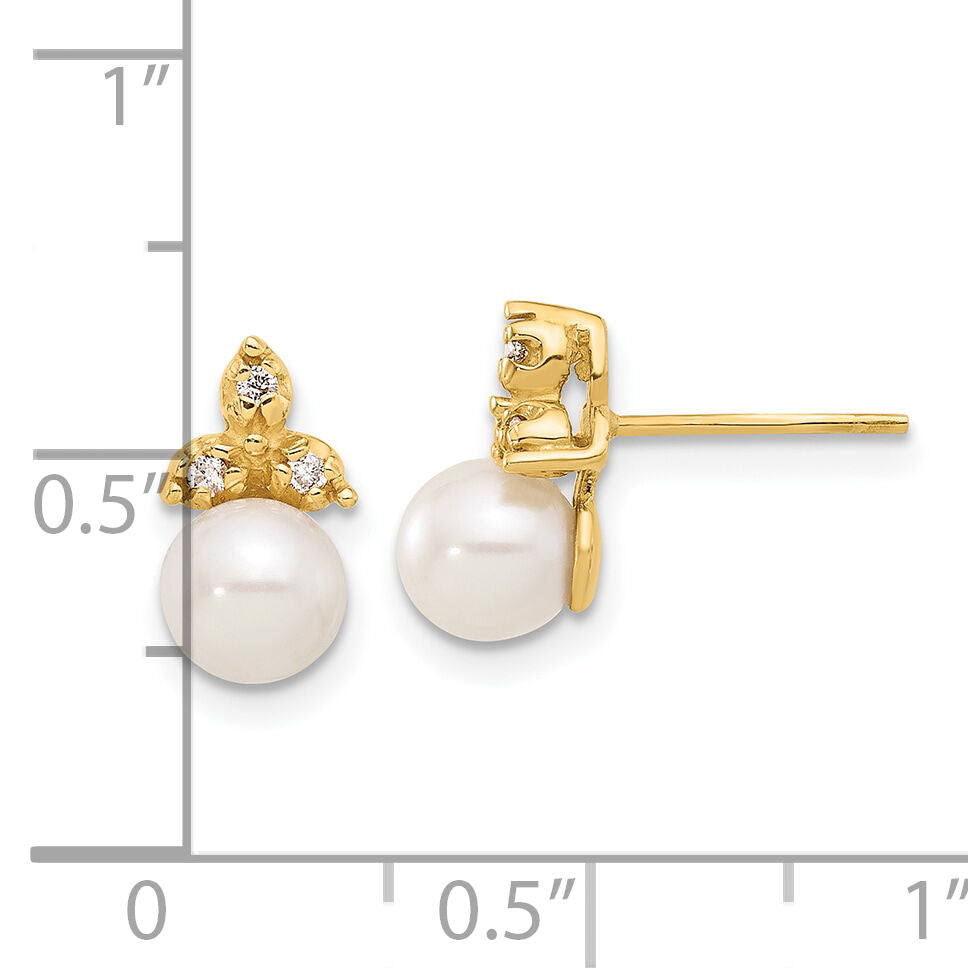 14K 5-6mm Button Freshwater Cultured Pearl .06ct Dia Post Earrings-XF847E