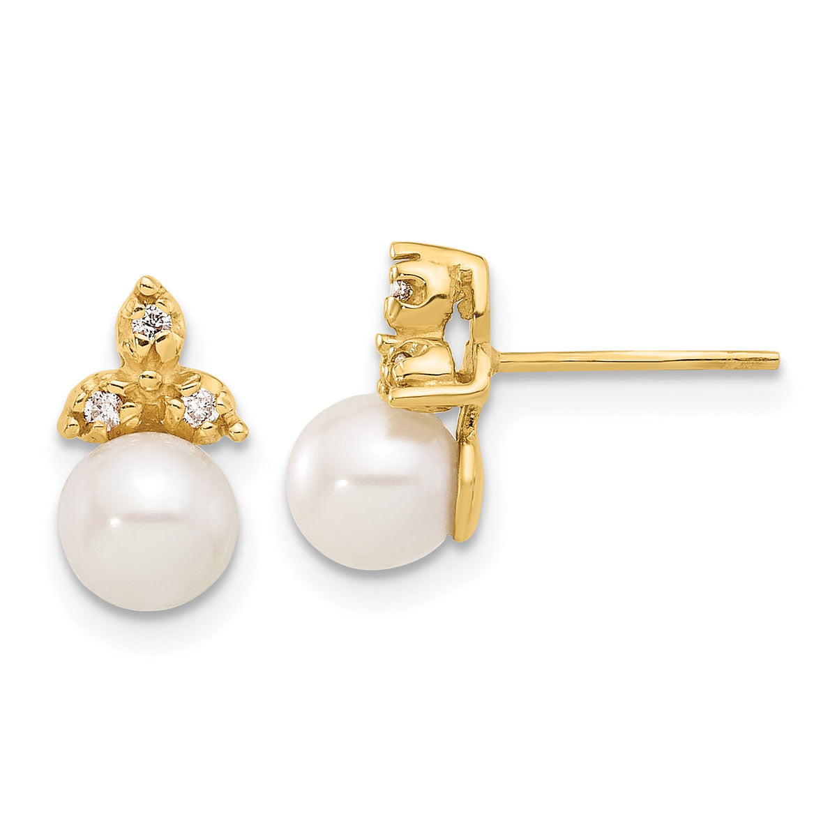 14K 5-6mm Button Freshwater Cultured Pearl .06ct Dia Post Earrings-XF847E