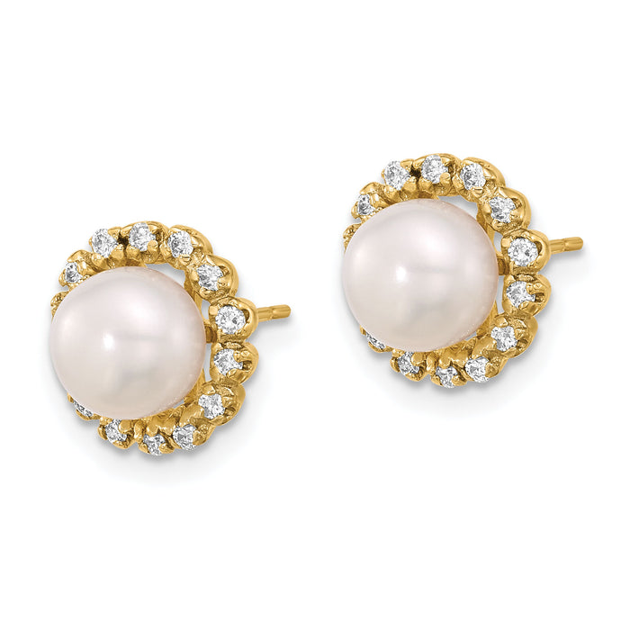 14K 7-8mm Button Freshwater Cultured Pearl and .28ct Dia Post Earrings-XF848E