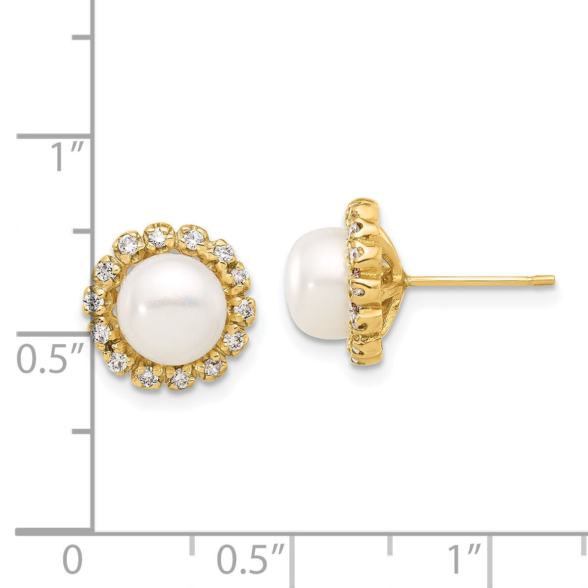 14K 7-8mm Button Freshwater Cultured Pearl and .28ct Dia Post Earrings-XF848E