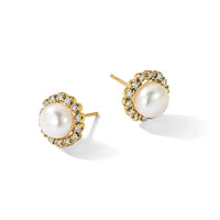 14K 7-8mm Button Freshwater Cultured Pearl and .28ct Dia Post Earrings-XF848E