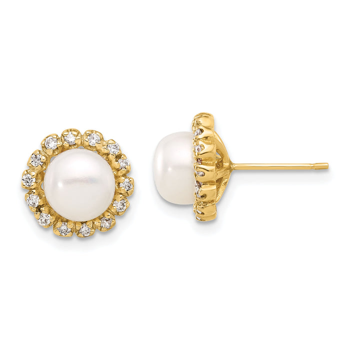 14K 7-8mm Button Freshwater Cultured Pearl and .28ct Dia Post Earrings-XF848E