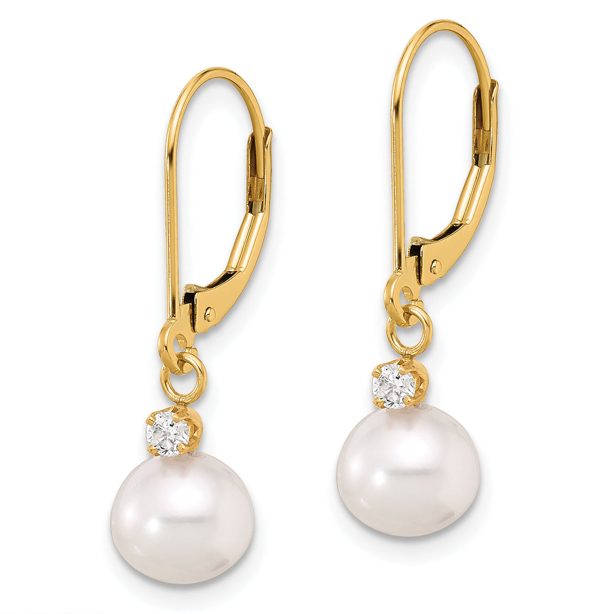 14K 7-8mm Round White FWC Pearl and .10ct Diamond Leverback Earrings-XF850E