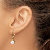 14K 7-8mm Round White FWC Pearl and .10ct Diamond Leverback Earrings-XF850E