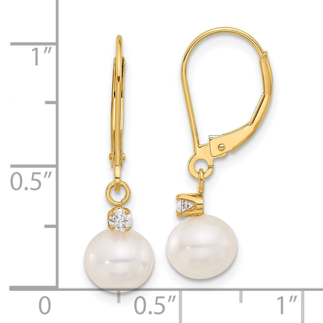 14K 7-8mm Round White FWC Pearl and .10ct Diamond Leverback Earrings-XF850E