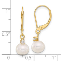 14K 7-8mm Round White FWC Pearl and .10ct Diamond Leverback Earrings-XF850E