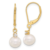 14K 7-8mm Round White FWC Pearl and .10ct Diamond Leverback Earrings-XF850E