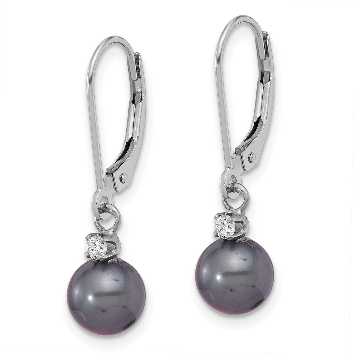 14K White Gold 7-8mm Round Black FWC Pearl .10ct Dia Dangle Earrings-XF851E