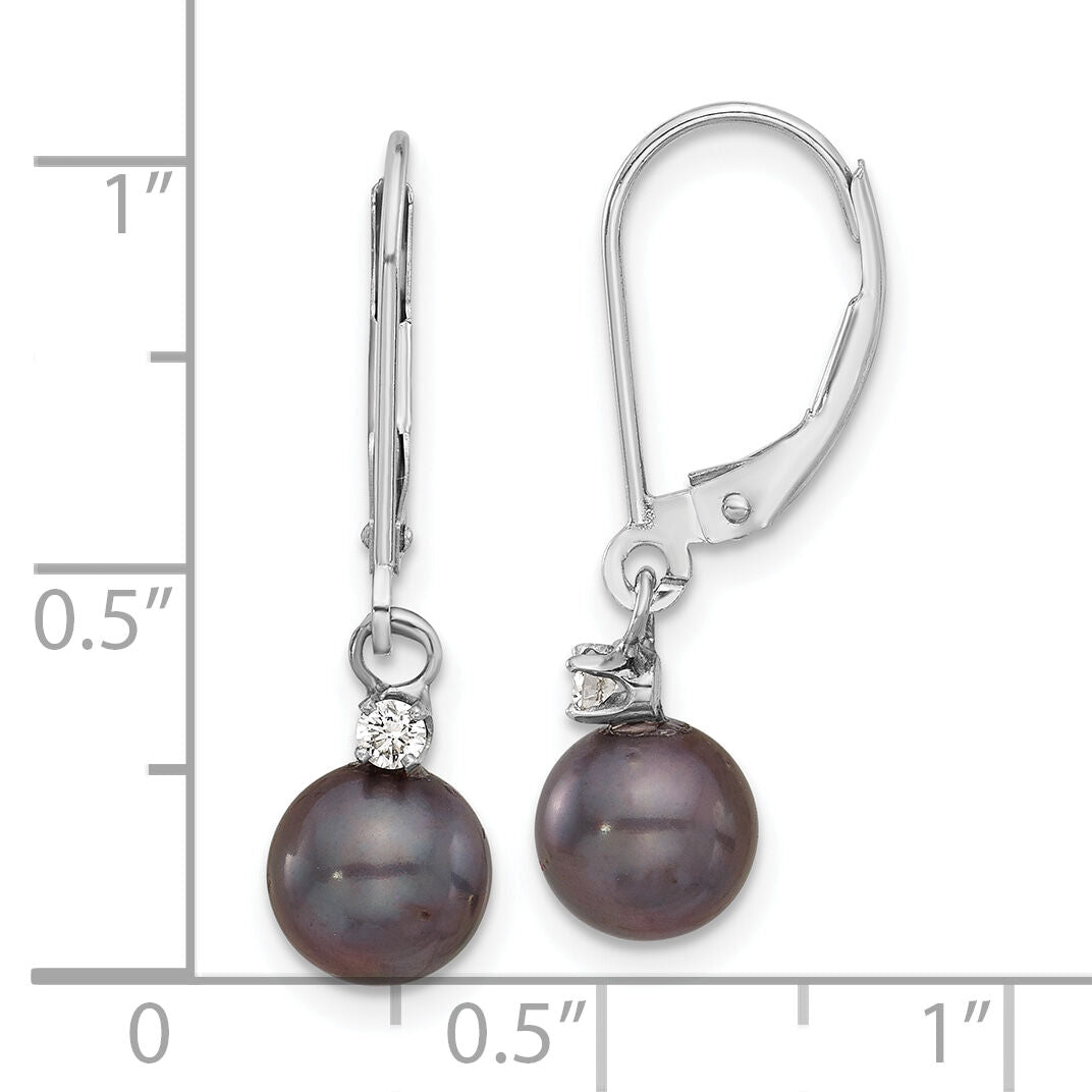 14K White Gold 7-8mm Round Black FWC Pearl .10ct Dia Dangle Earrings-XF851E