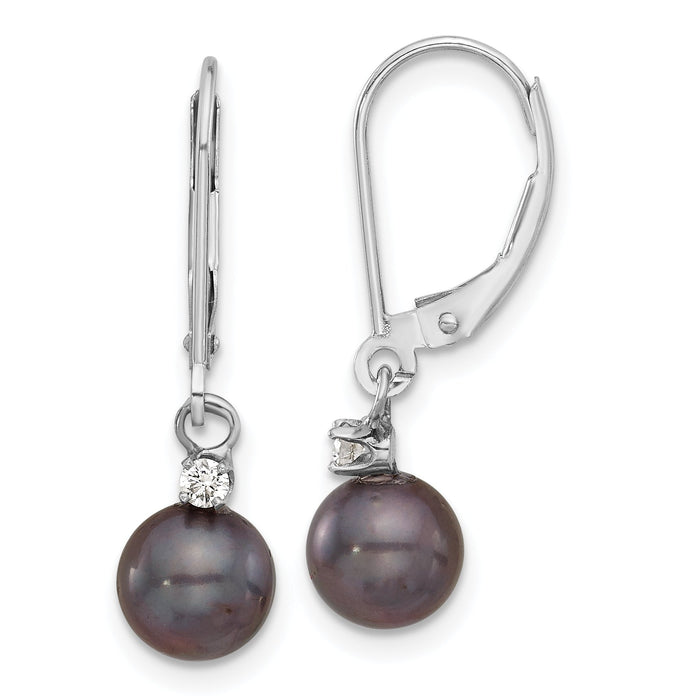 14K White Gold 7-8mm Round Black FWC Pearl .10ct Dia Dangle Earrings-XF851E