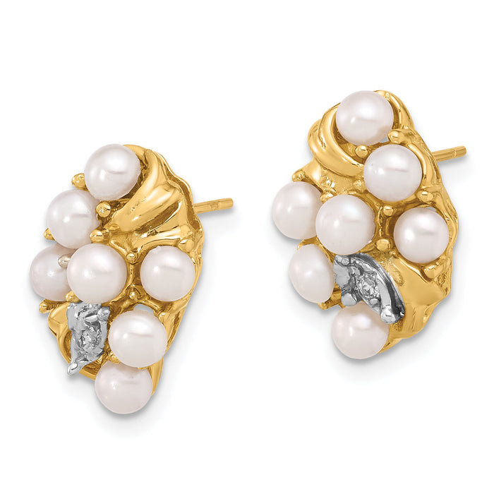 14K 3-4mm Button White FWC Pearl and .02ct Diamond Post Earrings-XF852E
