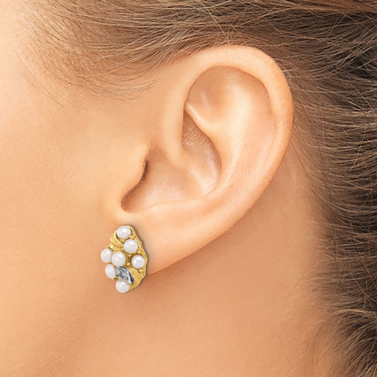 14K 3-4mm Button White FWC Pearl and .02ct Diamond Post Earrings-XF852E