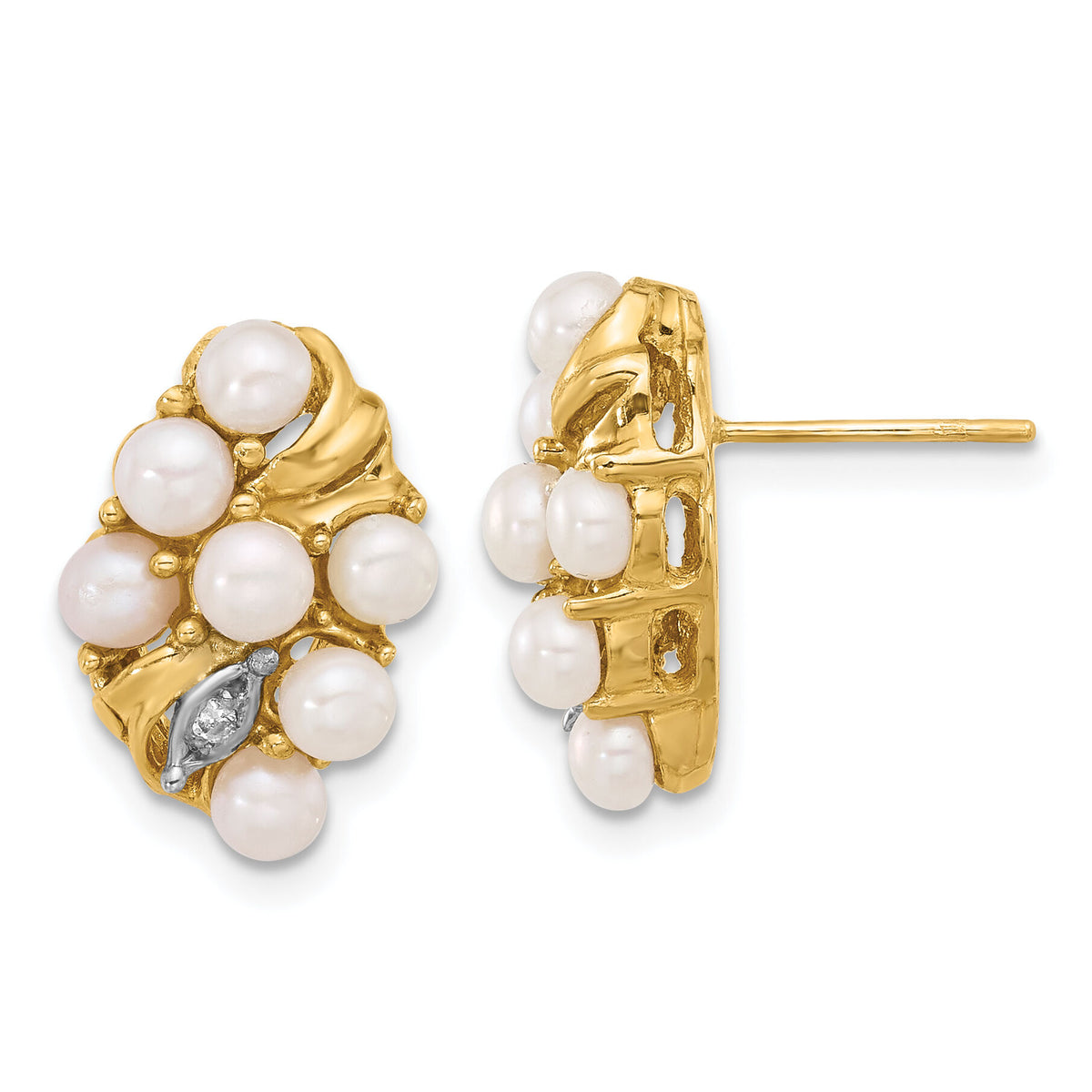 14K 3-4mm Button White FWC Pearl and .02ct Diamond Post Earrings-XF852E