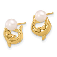 14K 5-6mm Button White FWC Pearl Dolphin Post Earrings-XF853E
