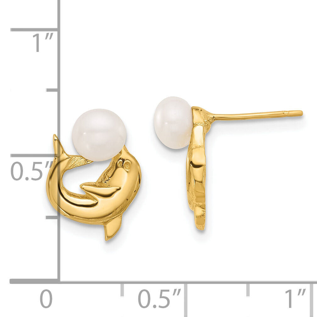 14K 5-6mm Button White FWC Pearl Dolphin Post Earrings-XF853E