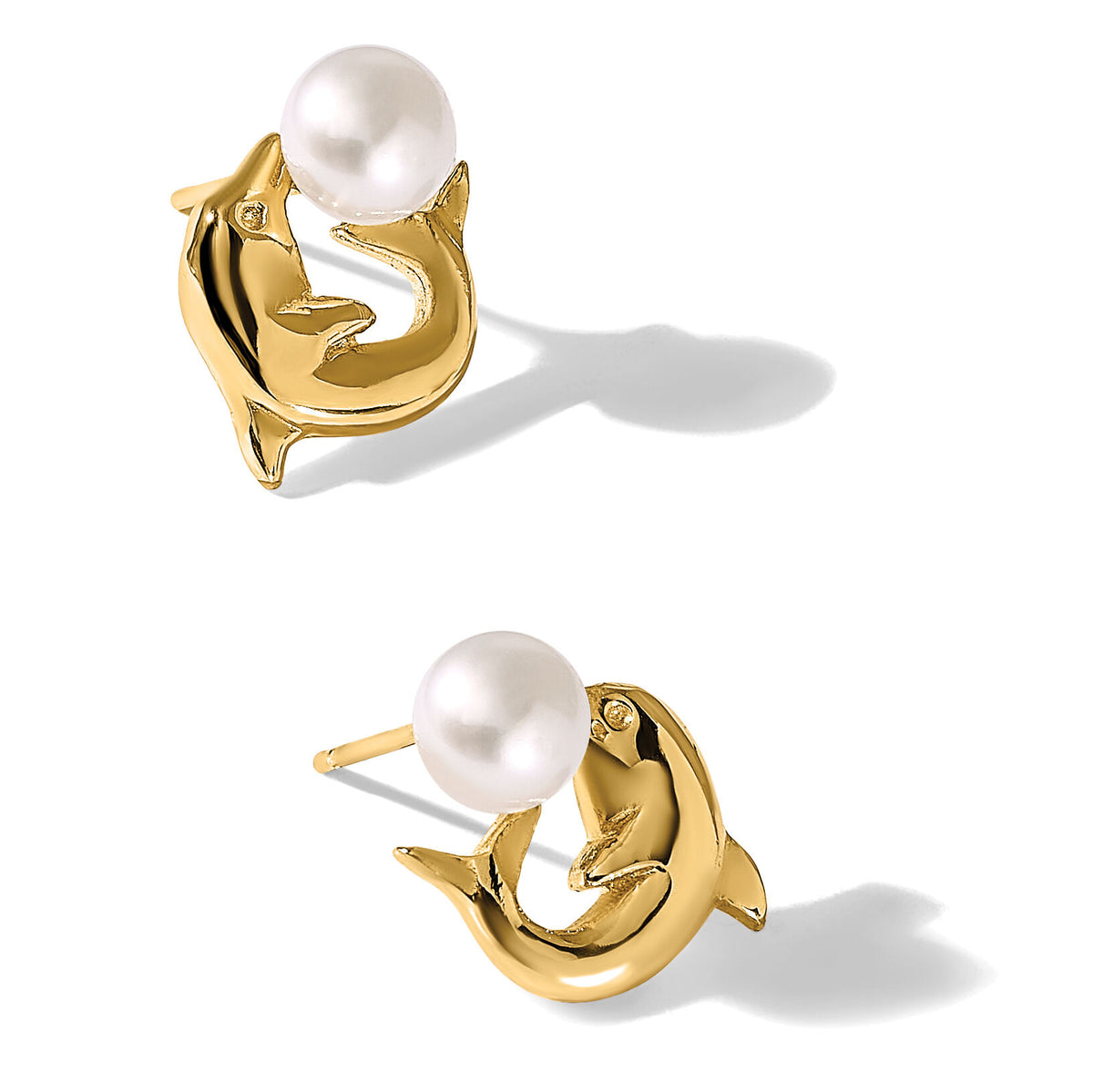14K 5-6mm Button White FWC Pearl Dolphin Post Earrings-XF853E