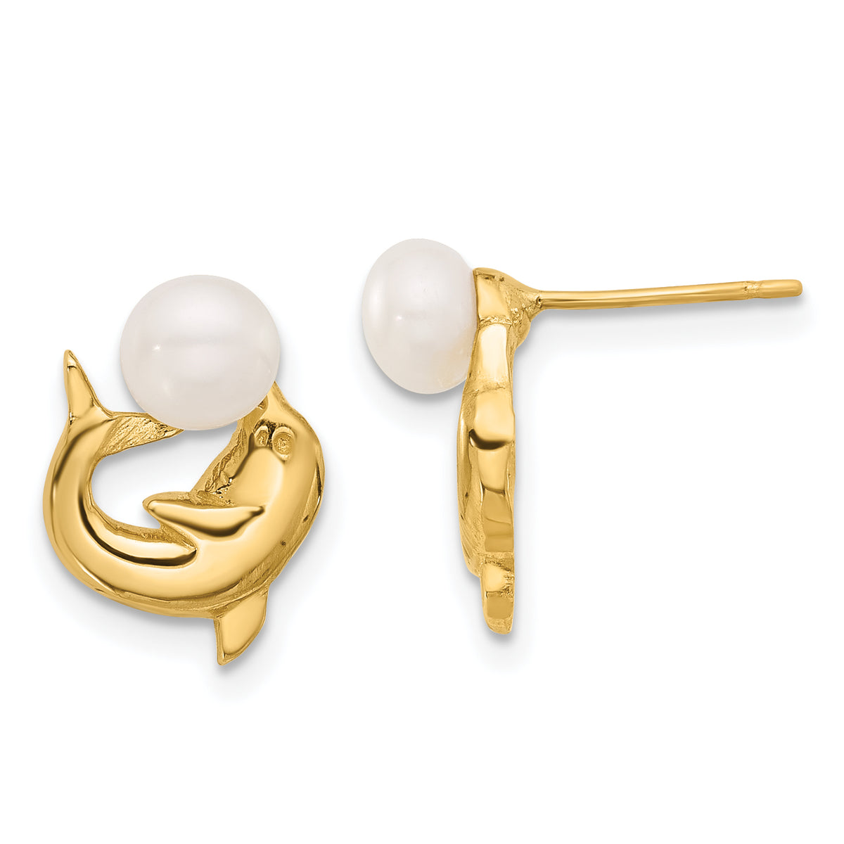 14K 5-6mm Button White FWC Pearl Dolphin Post Earrings-XF853E