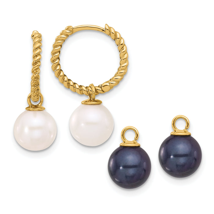 14K 7-8mm Black & White FWC Pearl Removable Dangle Hoop Earrings-XF859E