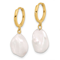 14K 11-12mm White Keshi Freshwater Cultured Pearl Dangle Hoop Earrings-XF860E