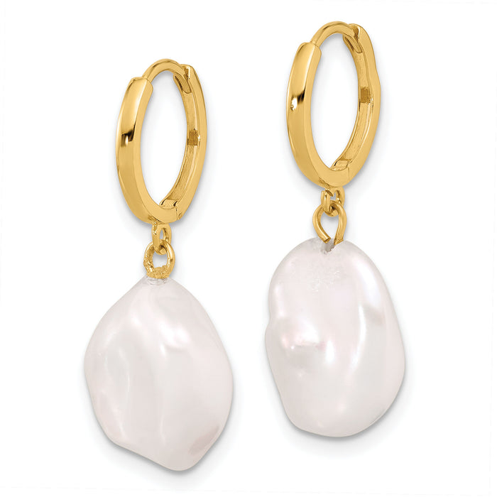 14K 11-12mm White Keshi Freshwater Cultured Pearl Dangle Hoop Earrings-XF860E