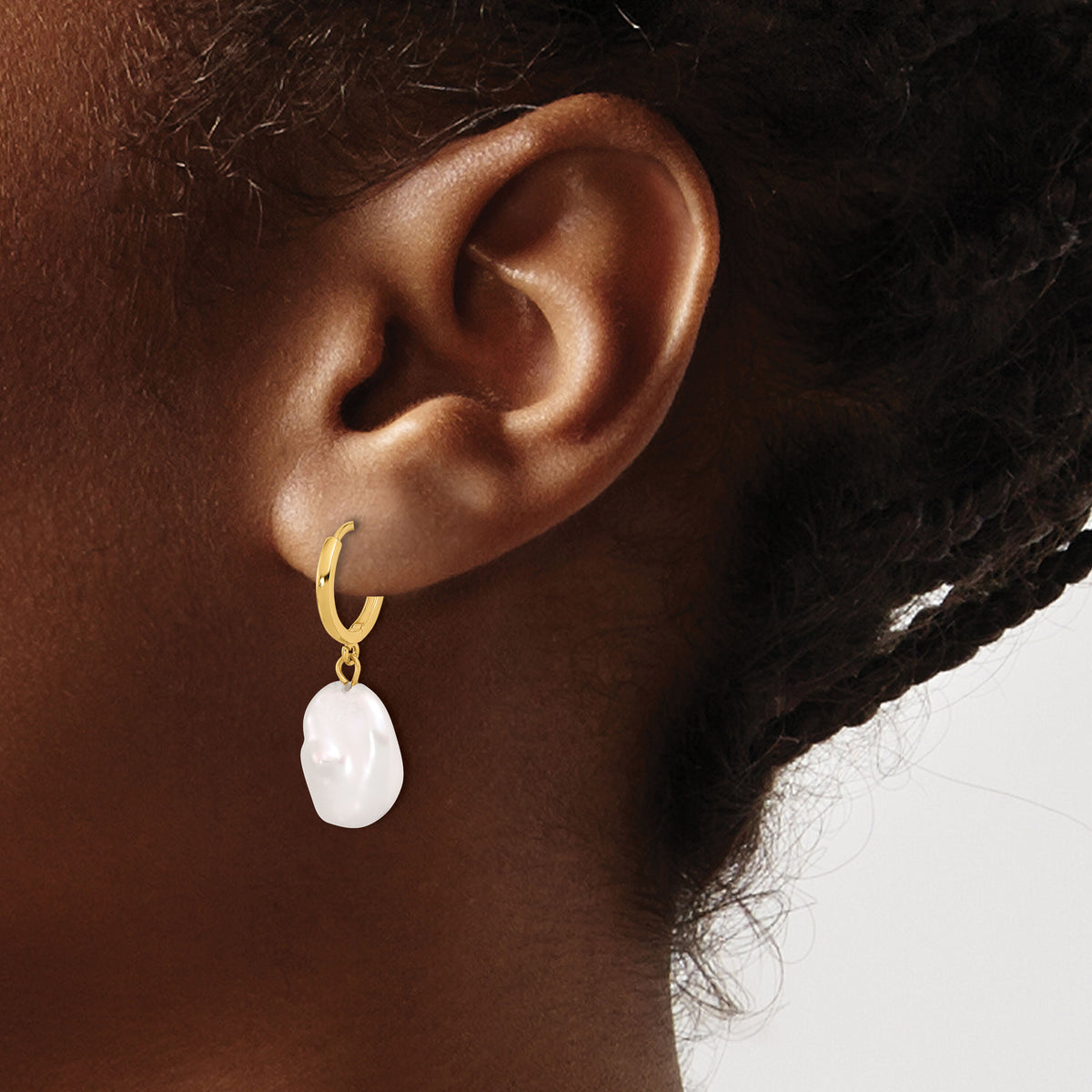 14K 11-12mm White Keshi Freshwater Cultured Pearl Dangle Hoop Earrings-XF860E
