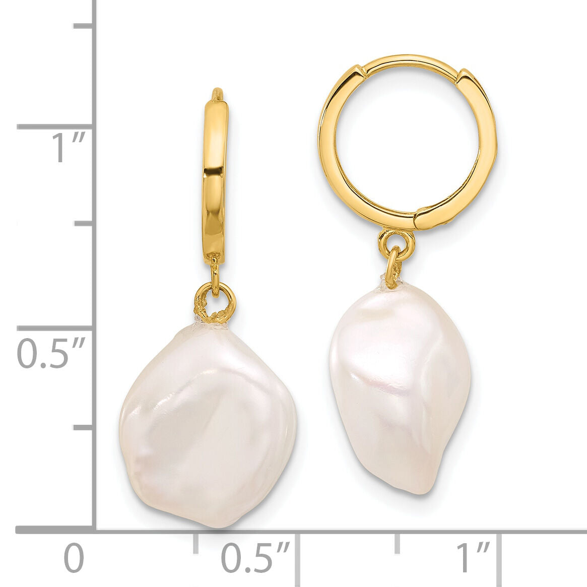 14K 11-12mm White Keshi Freshwater Cultured Pearl Dangle Hoop Earrings-XF860E