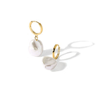 14K 11-12mm White Keshi Freshwater Cultured Pearl Dangle Hoop Earrings-XF860E