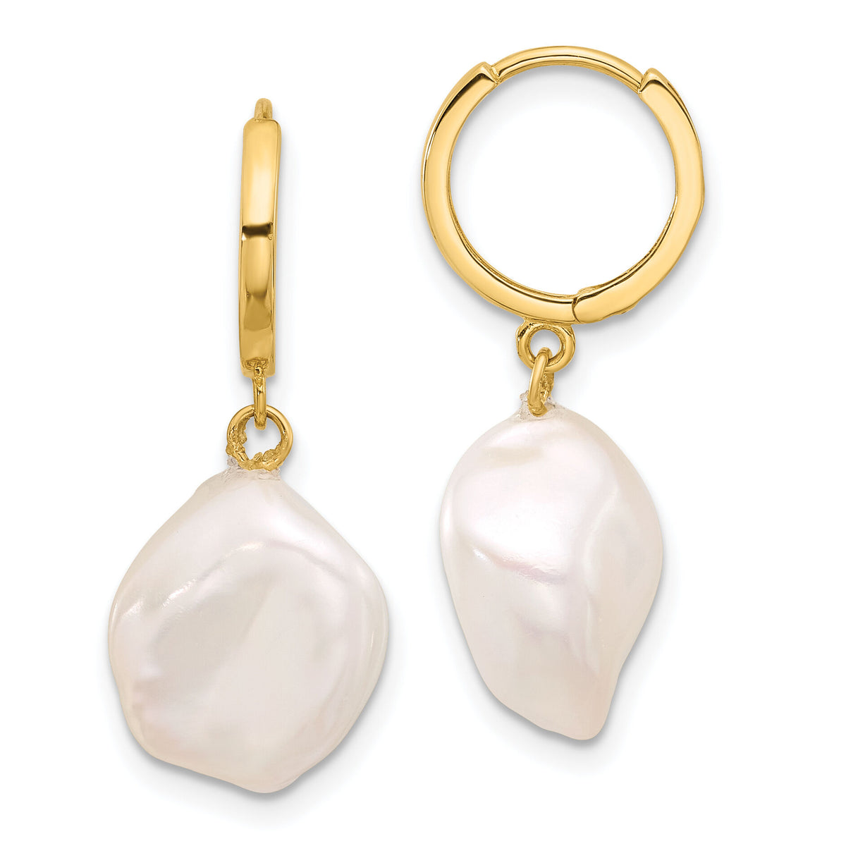 14K 11-12mm White Keshi Freshwater Cultured Pearl Dangle Hoop Earrings-XF860E