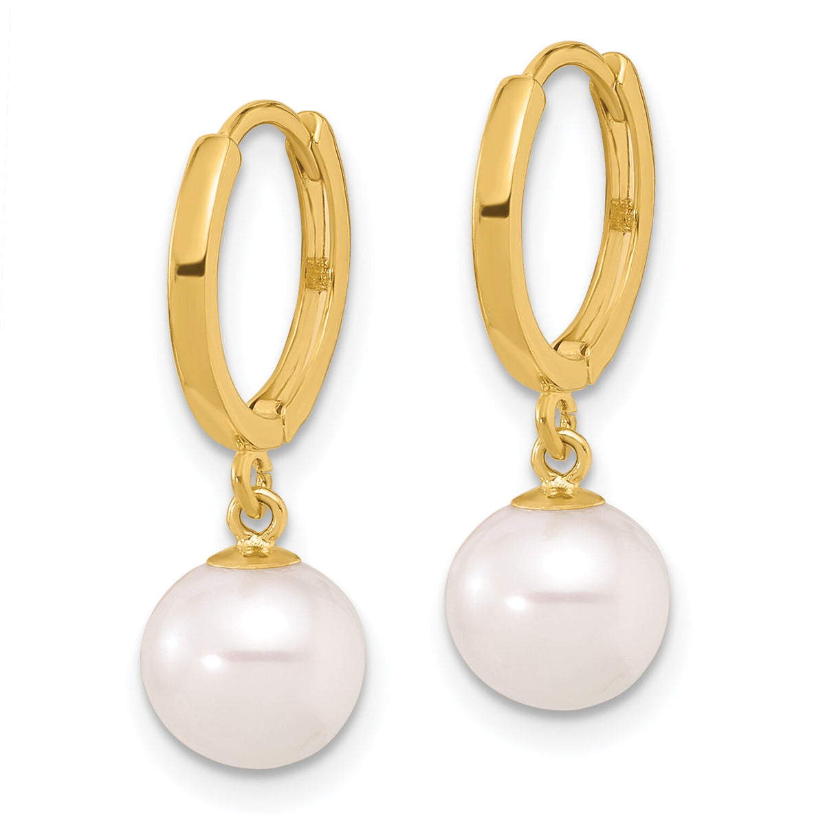 14K 7-8mm Round Freshwater Cultured Pearl Dangle Hoop Earrings-XF861E