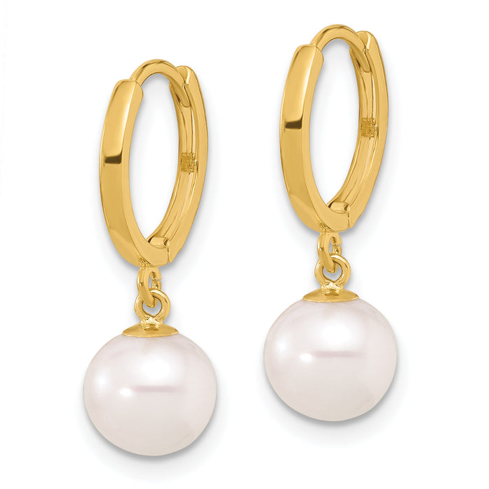 14K 7-8mm Round Freshwater Cultured Pearl Dangle Hoop Earrings-XF861E