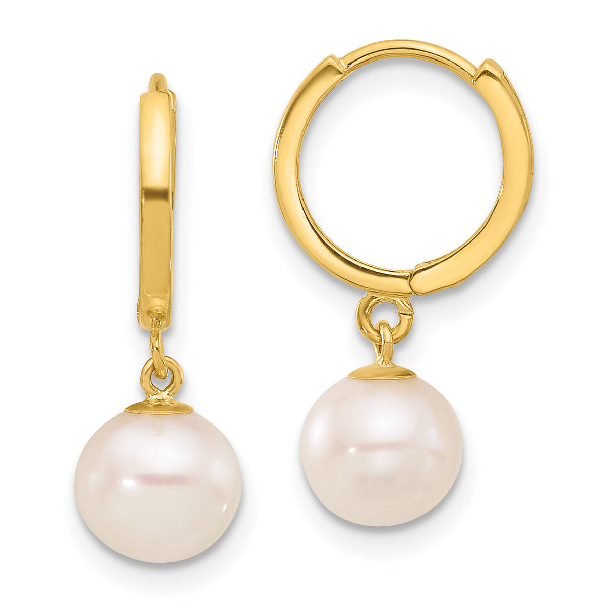 14K 7-8mm Round Freshwater Cultured Pearl Dangle Hoop Earrings-XF861E
